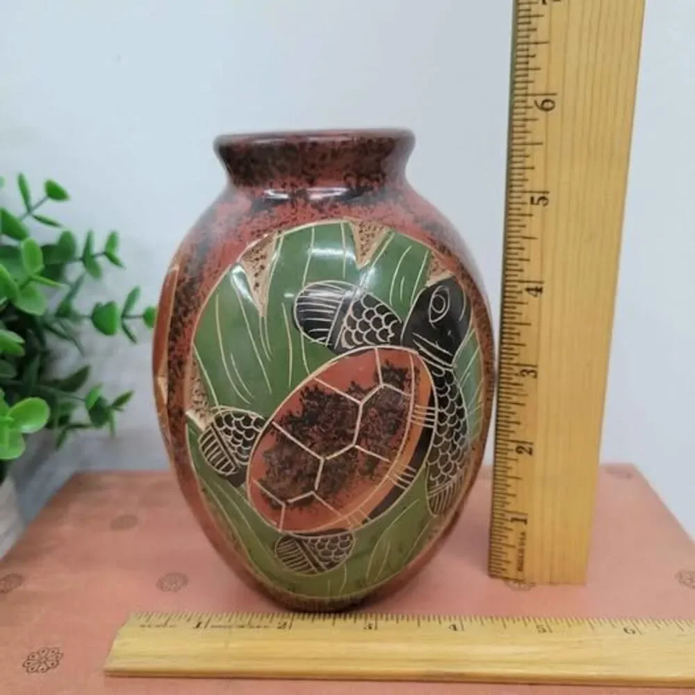 Handmade Nicaraguan Clay Vase with Butterfly Monkey & Turtle Folk Art Pottery